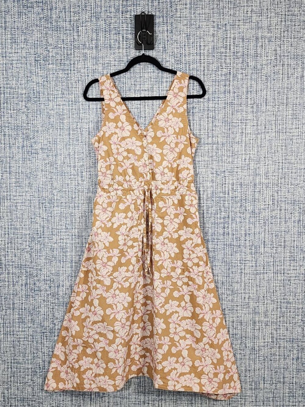 GAP Dress Womens Extra Small XS Tan Pink Floral V-Neck Sleeveless Cotton Midi